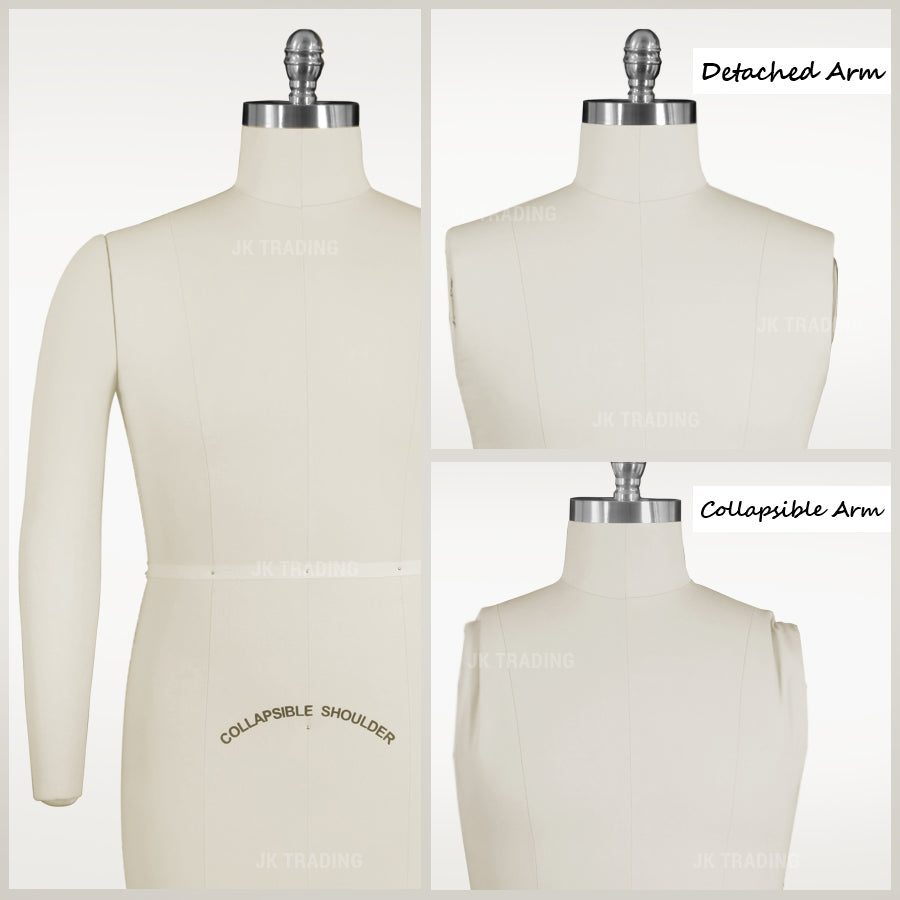 Mannequin torso with detachable and collapsible arm features on a white background.