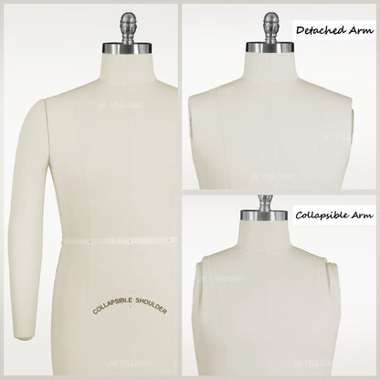 Mannequin torso with detachable and collapsible arm features on a white background.
