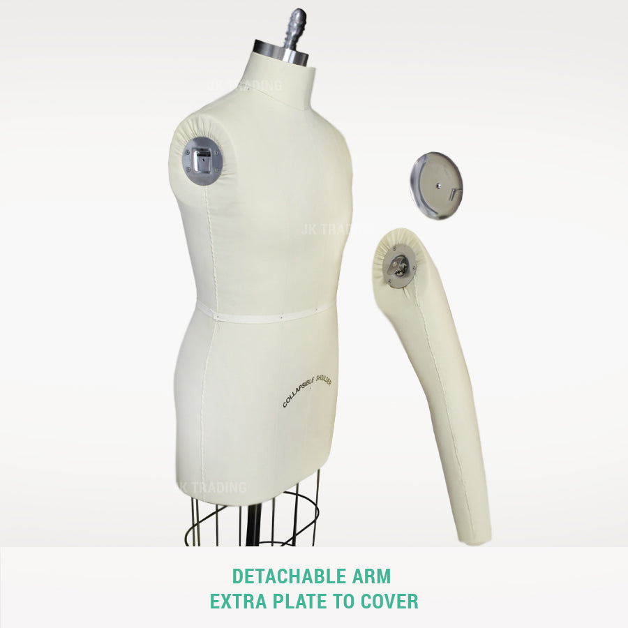 Mannequin torso with detachable arm on a white background