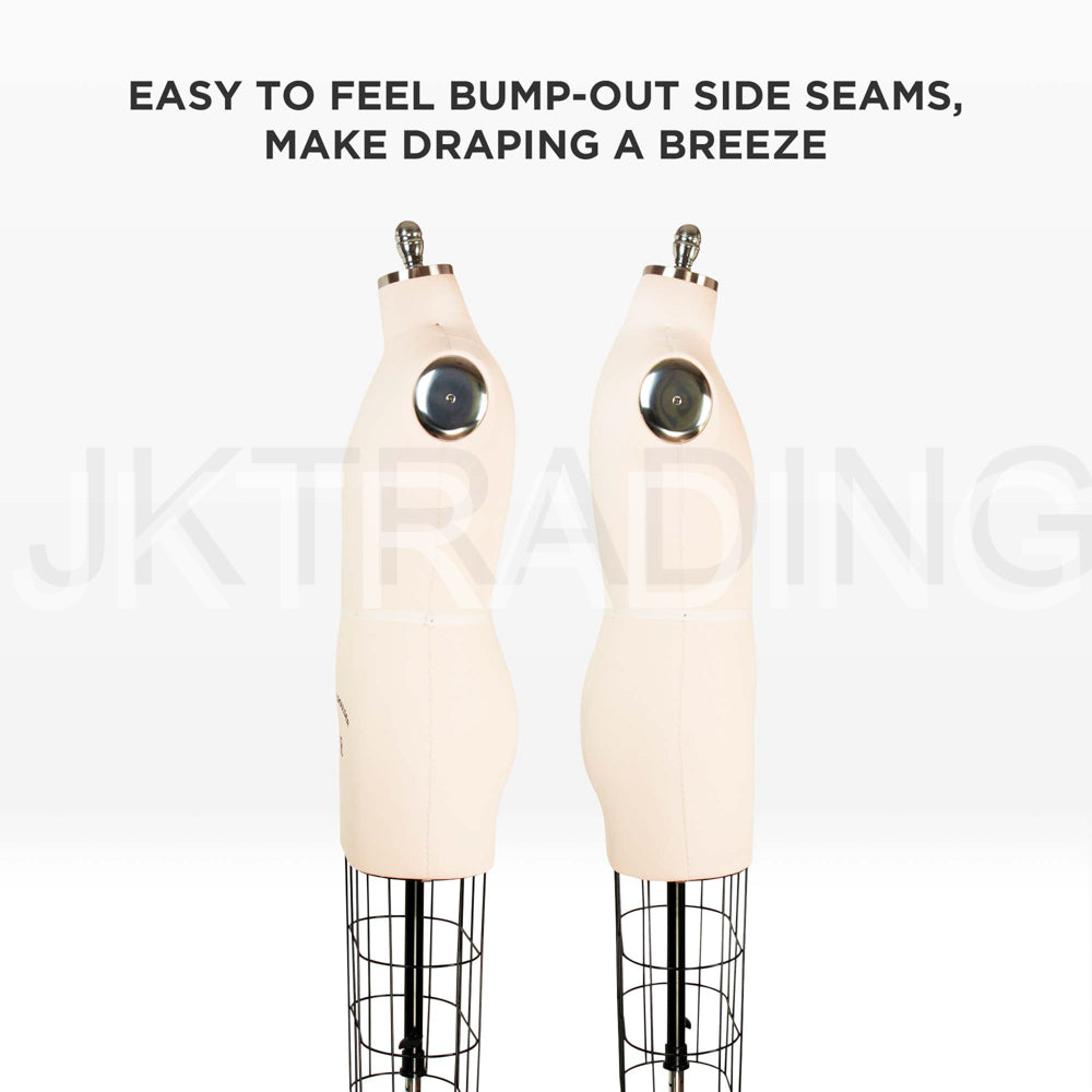 Two mannequins with bump-out side seams on a white background, featuring text about drapeability.