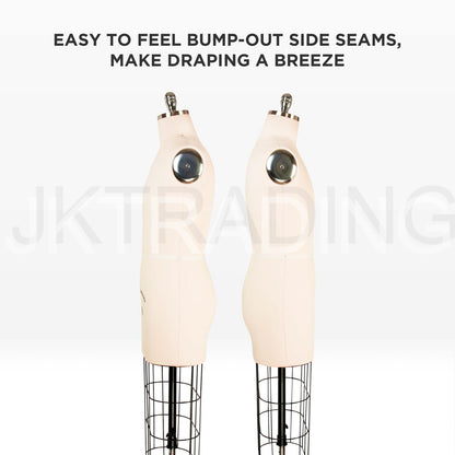 Two mannequins with bump-out side seams on a white background, featuring text about drapeability.