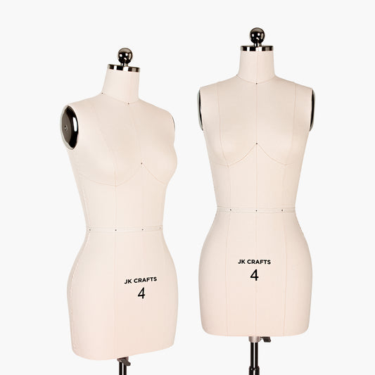 Two dressmaker forms with 'JK Crafts' branding on a white background