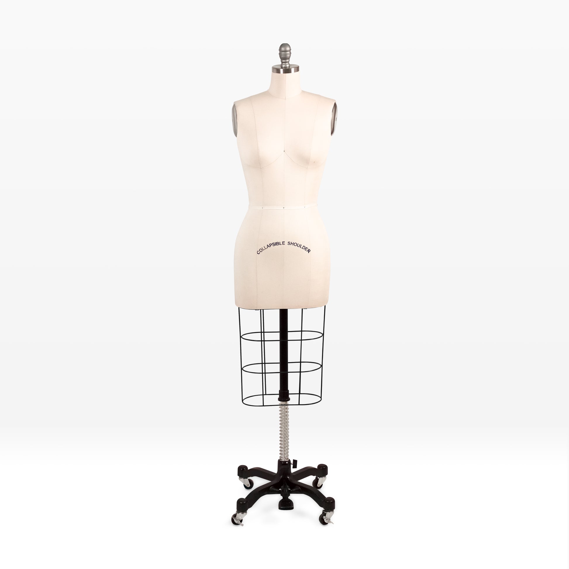Professional female dress form mannequin with a collapsible shoulder and heavy-duty rolling cast iron base.