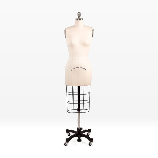 Professional female dress form mannequin with a collapsible shoulder and heavy-duty rolling cast iron base.