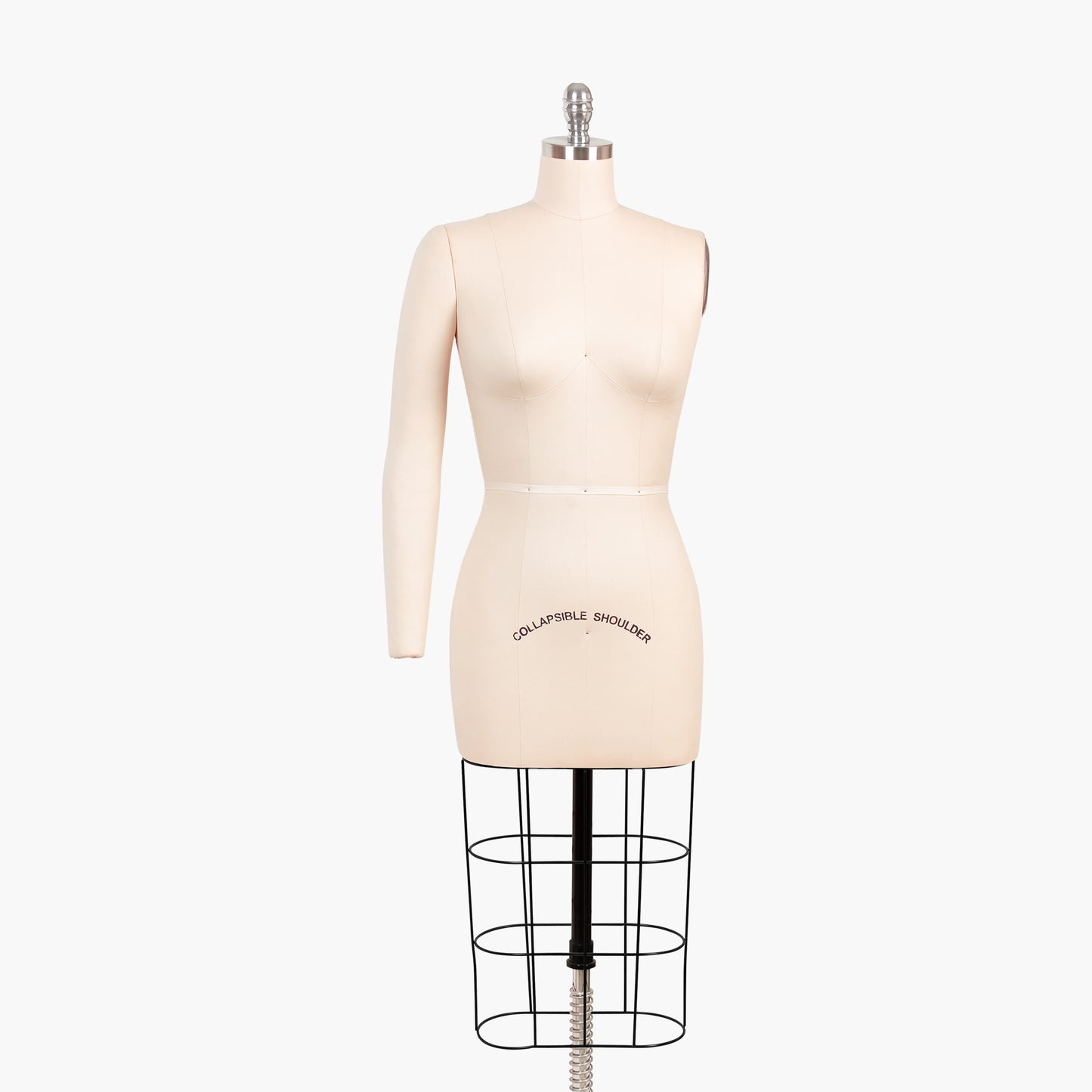Professional female dress form mannequin with a removable right arm and a heavy-duty rolling iron base.