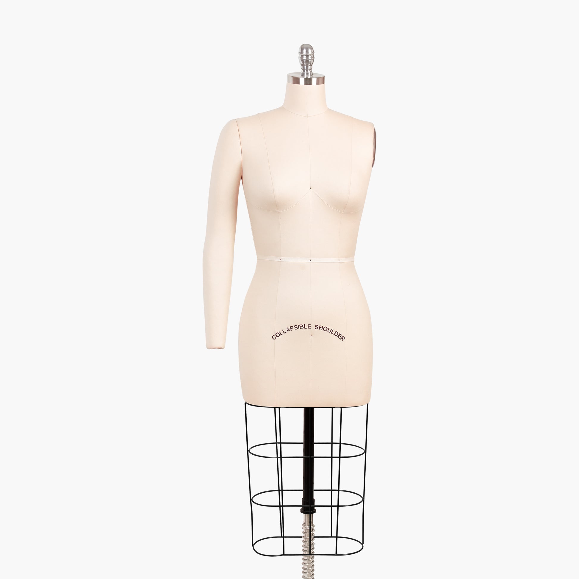 Professional female dress form mannequin with a removable right arm and a heavy-duty rolling iron base.