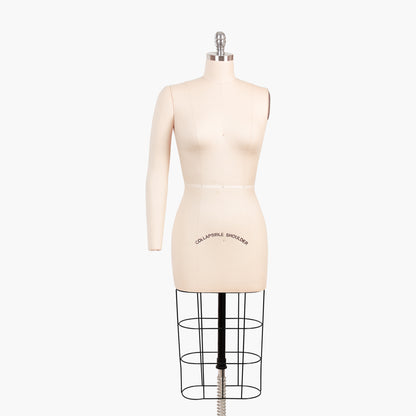 Professional female dress form mannequin with a removable right arm and a heavy-duty rolling iron base.