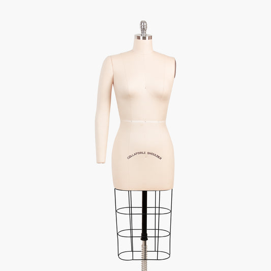 Professional female dress form mannequin with a removable right arm and a heavy-duty rolling iron base.