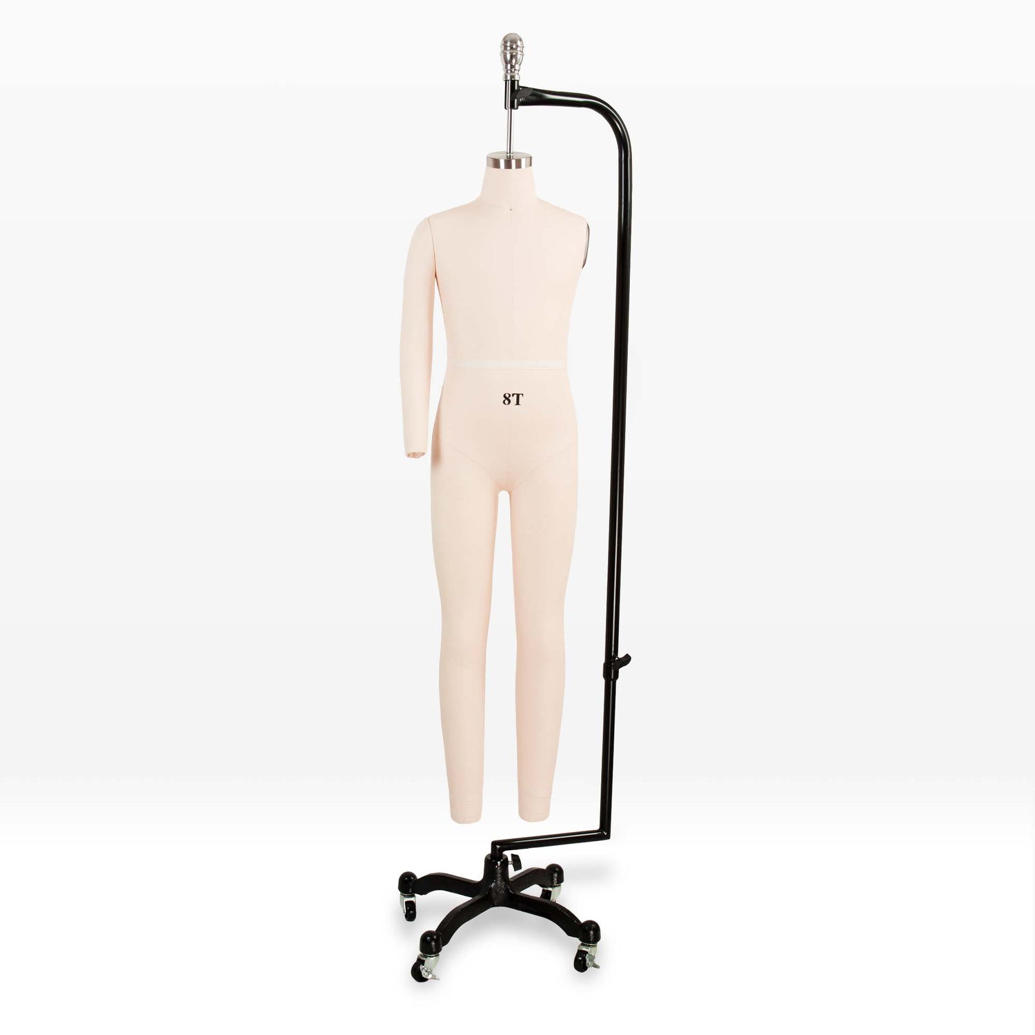 Professional child dress form mannequin with collapsible shoulders on a heavy-duty rolling cast iron base.