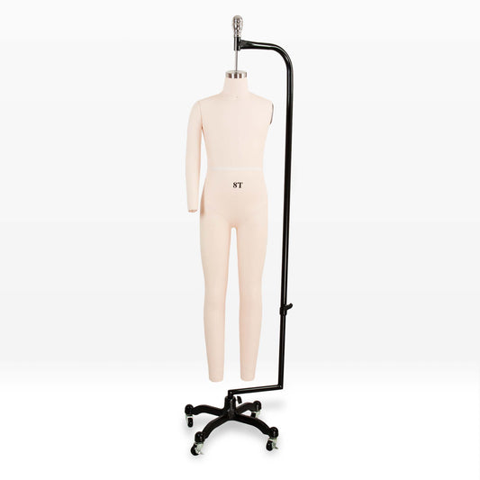 Professional child dress form mannequin with collapsible shoulders on a heavy-duty rolling cast iron base.