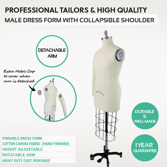 Professional male dress form with collapsible shoulder on a white background