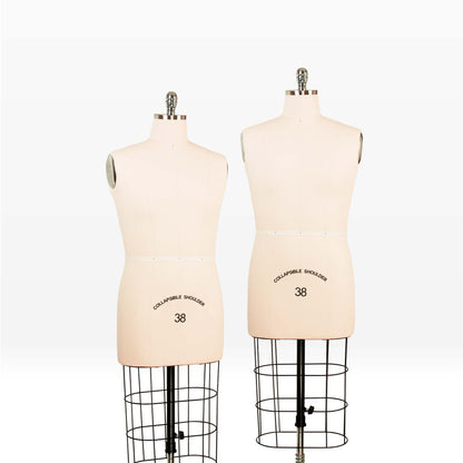 Two dress forms with wire stands on a white background