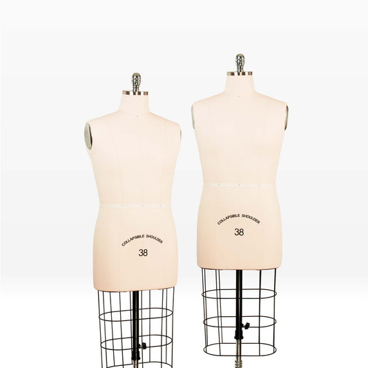Two dress forms with wire stands on a white background