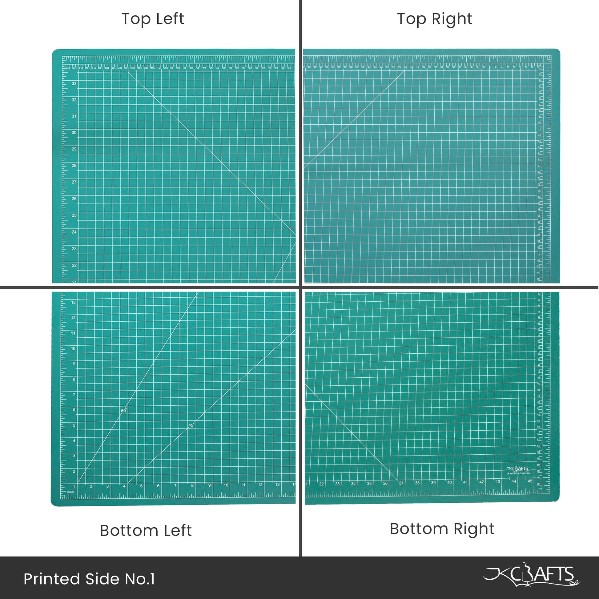 Four quadrants of a green cutting mat with grid lines and measurements, branded 'JKCrafts'.