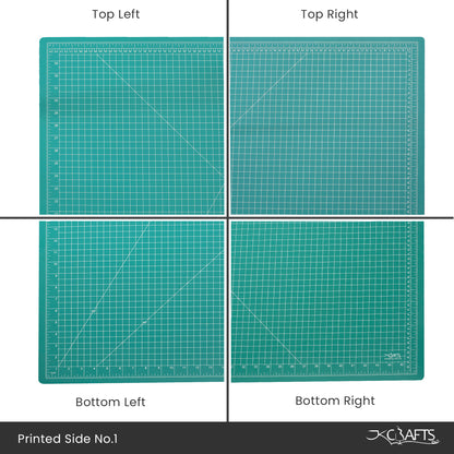 Four quadrants of a green cutting mat with grid lines and measurements, branded 'JKCrafts'.