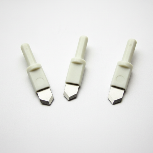 Three ultra-sharp replacement blades with white plastic safety shafts for a round circle compass paper cutter.