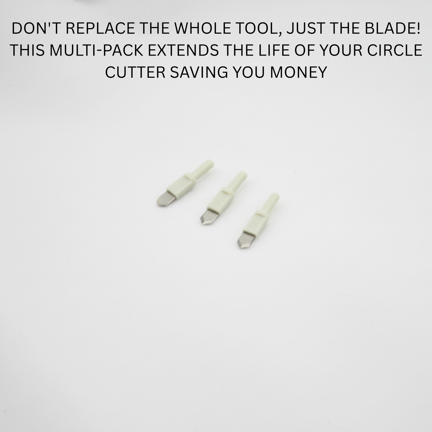 Minimalist layout of three small rotary paper circle slicer blade refills highlighting cost-saving utility replacement benefits.