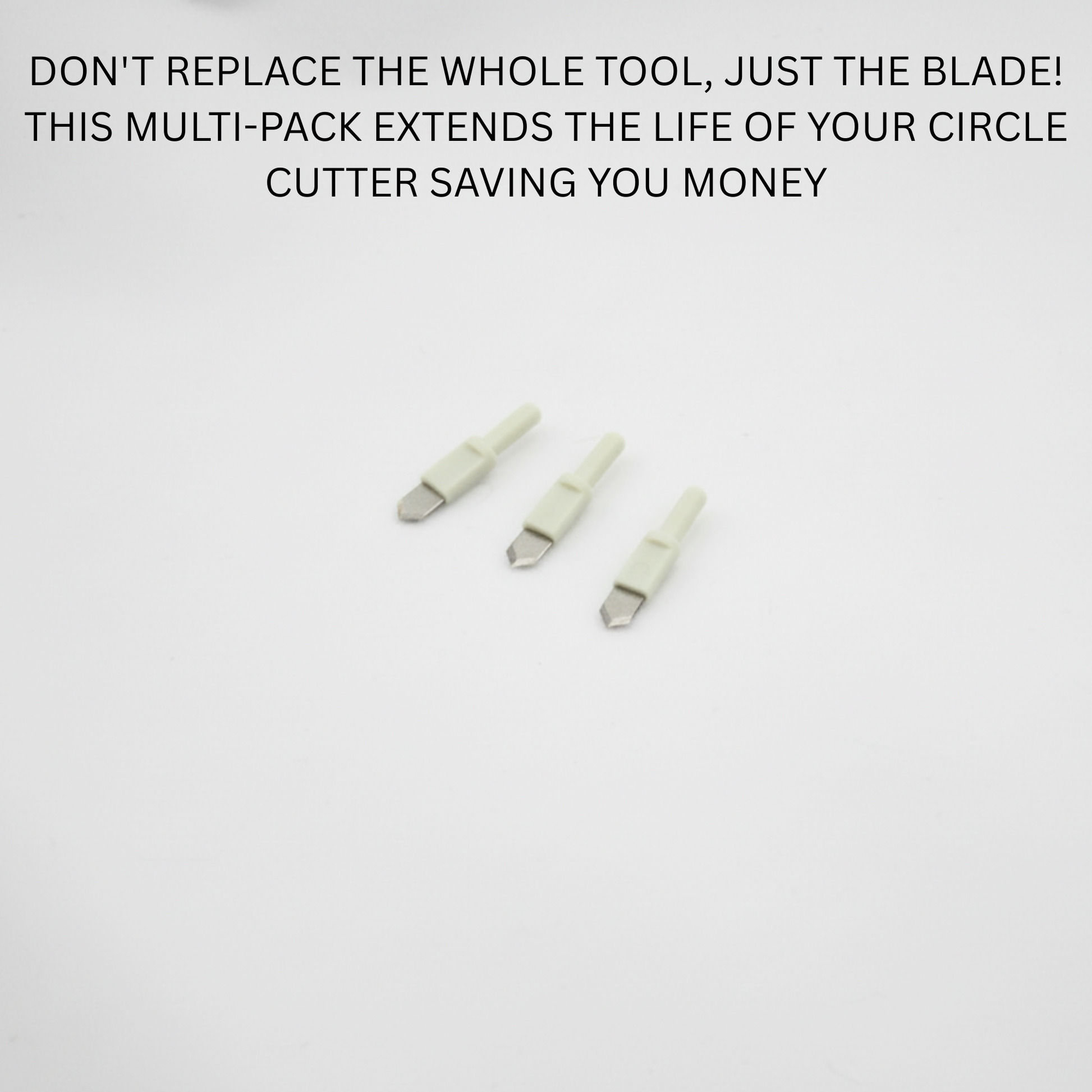 Minimalist layout of three small rotary paper circle slicer blade refills highlighting cost-saving utility replacement benefits.