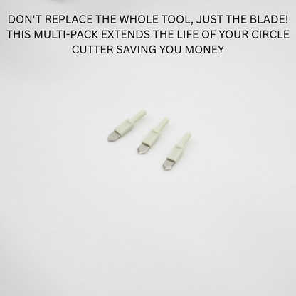 Minimalist layout of three small rotary paper circle slicer blade refills highlighting cost-saving utility replacement benefits.