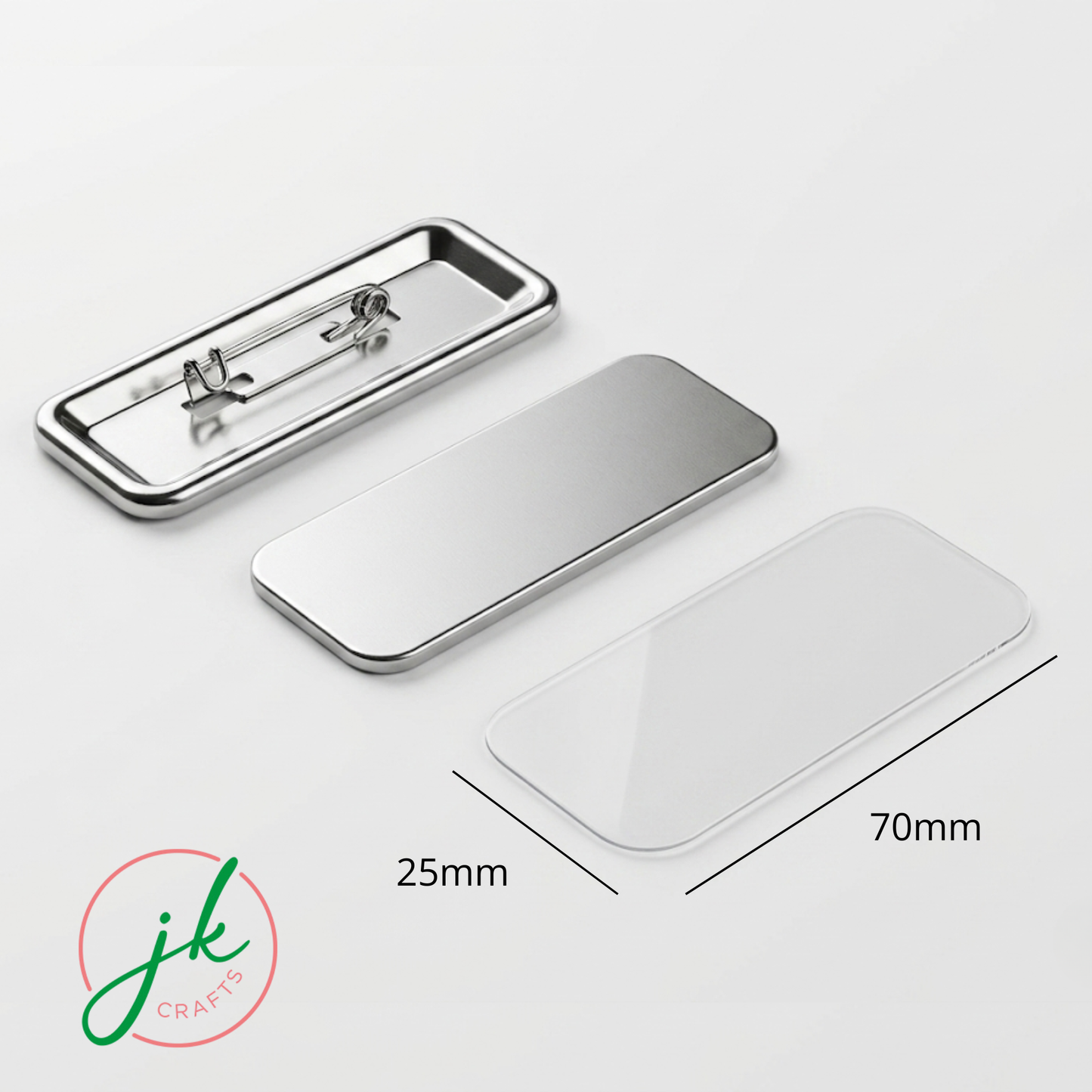 Rectangle Pin Metallic badge with dimensions labeled on a white background, featuring the brand 'jk crafts'.