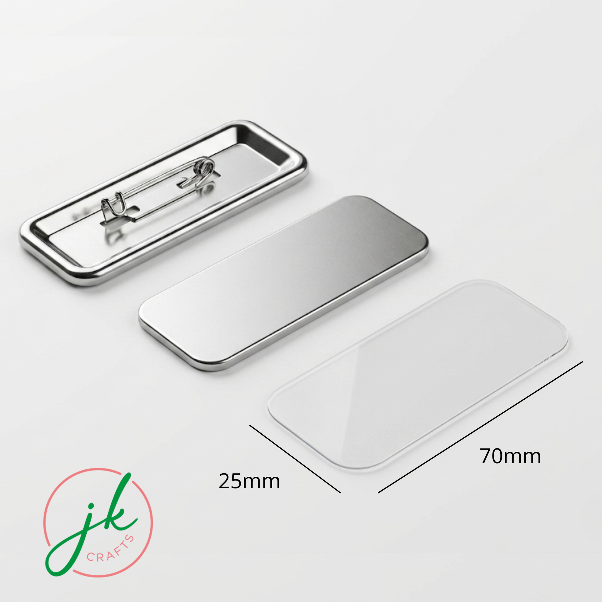 Rectangle Pin Metallic badge with dimensions labeled on a white background, featuring the brand 'jk crafts'.