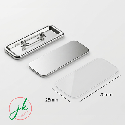 Rectangle Pin Metallic badge with dimensions labeled on a white background, featuring the brand 'jk crafts'.