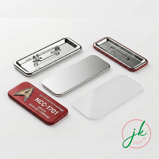 DIY Button Badge Metallic and red Star Trek-themed items on a white background with 'jk craft' logo.