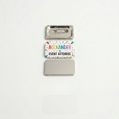 DIY rectangular pin back badge kit parts with metal shell, clear mylar, pin back, and sample custom name tag.