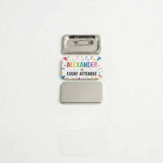 DIY rectangular pin back badge kit parts with metal shell, clear mylar, pin back, and sample custom name tag.