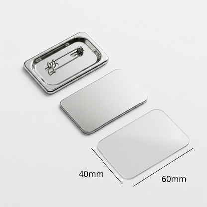 Dimensions guide for 60x40mm rectangular button badge maker parts including metal shells and pin backings.