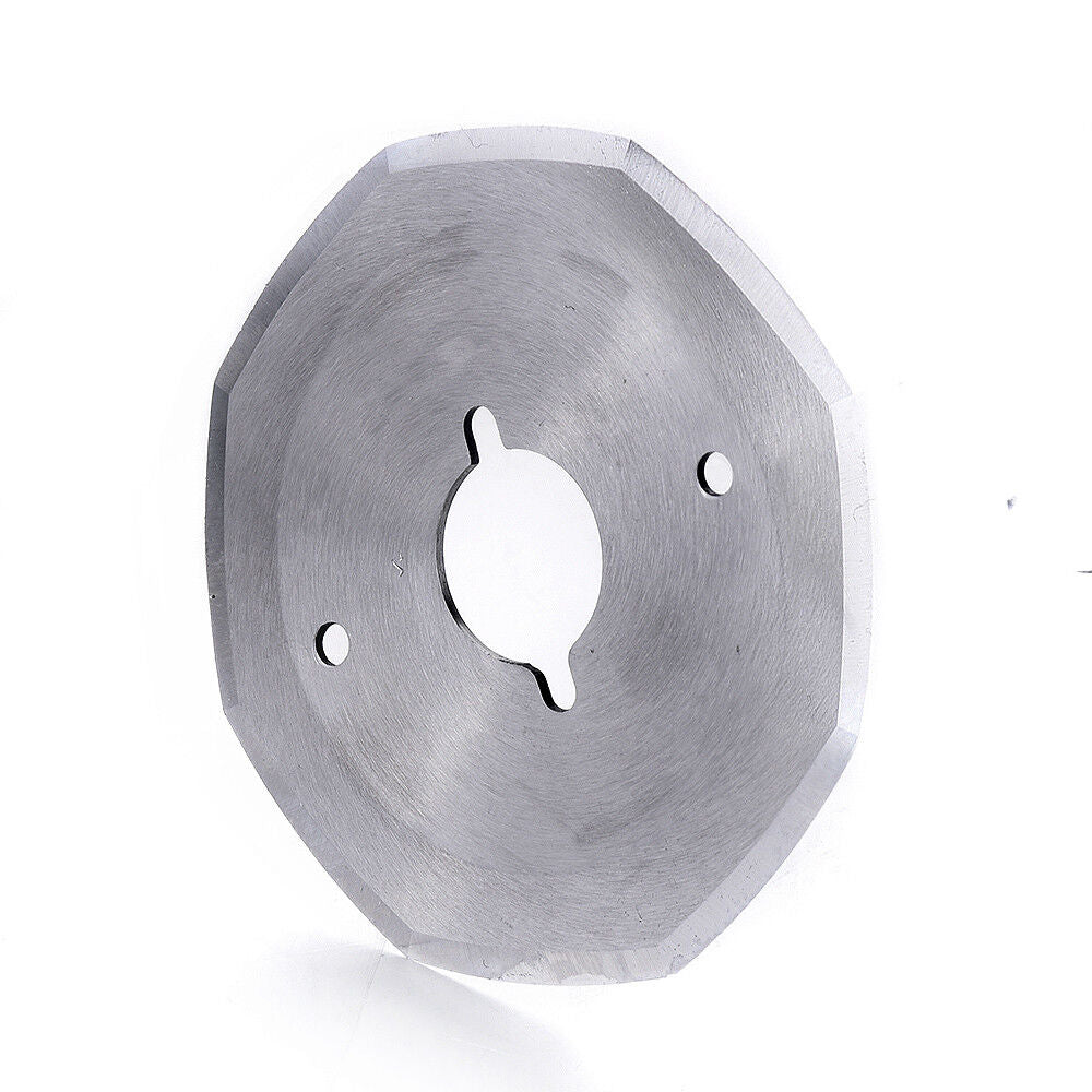 Multi-sided octagonal replacement steel cutting blade disc for an industrial electric fabric cutter.
