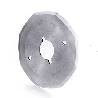 Multi-sided octagonal replacement steel cutting blade disc for an industrial electric fabric cutter.