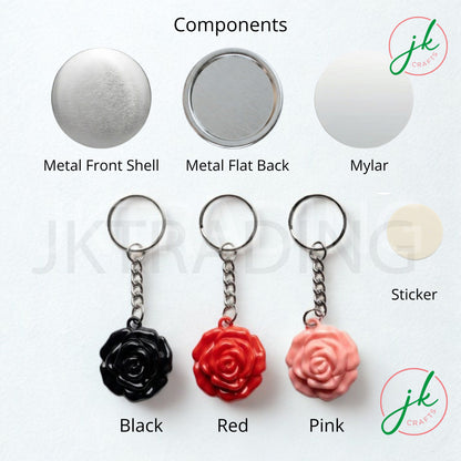 Keychain components including metal front shell, metal flat back, mylar, and stickers in black, red, and pink on a white background.