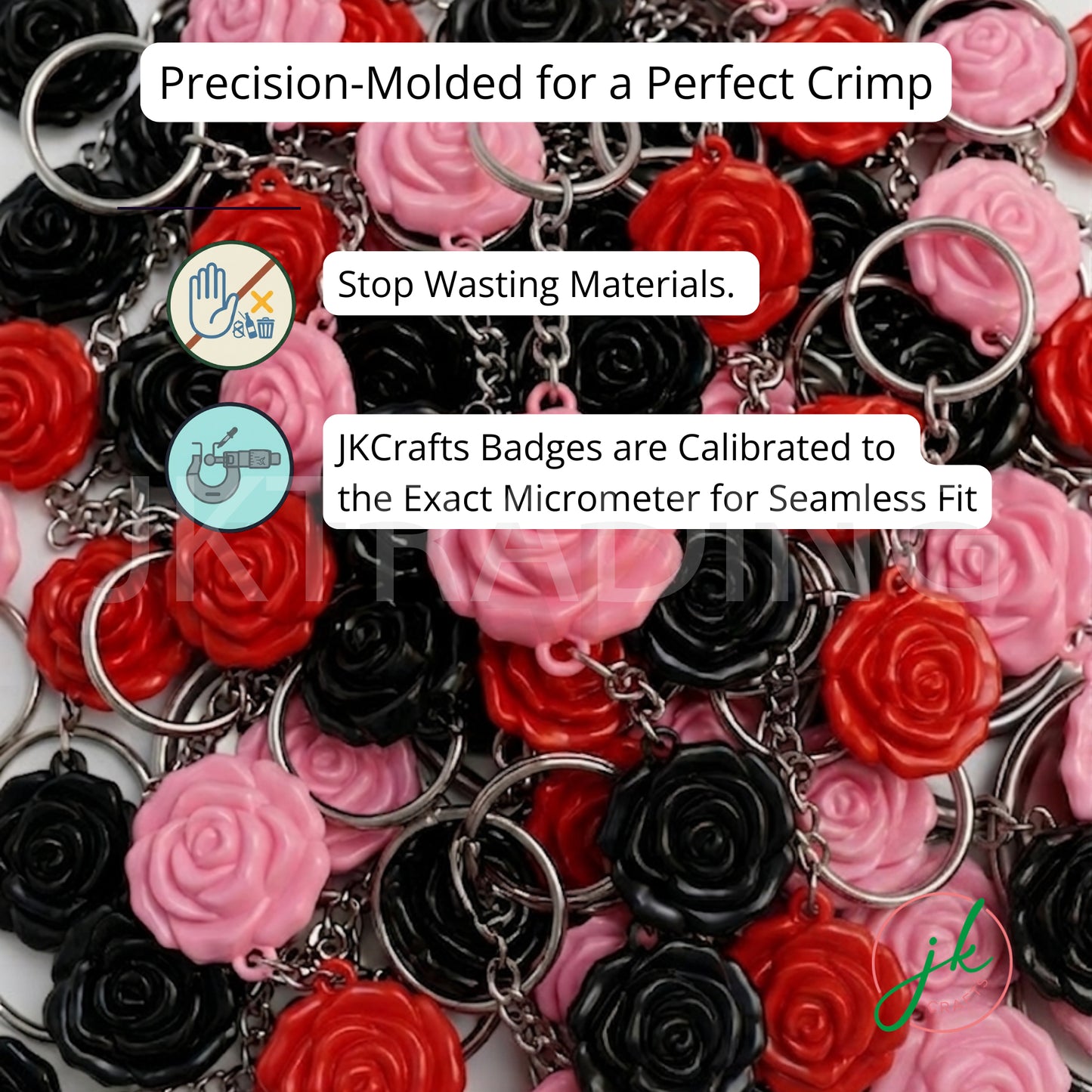 Collection of rose-shaped button badges with text about precision molding and calibration.