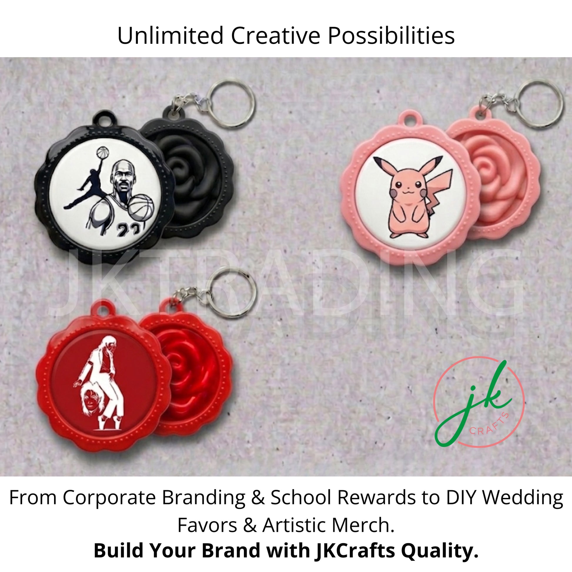Rose Keychains Button Badge DIY with customizable designs on a textured surface, featuring JK Crafts logo.