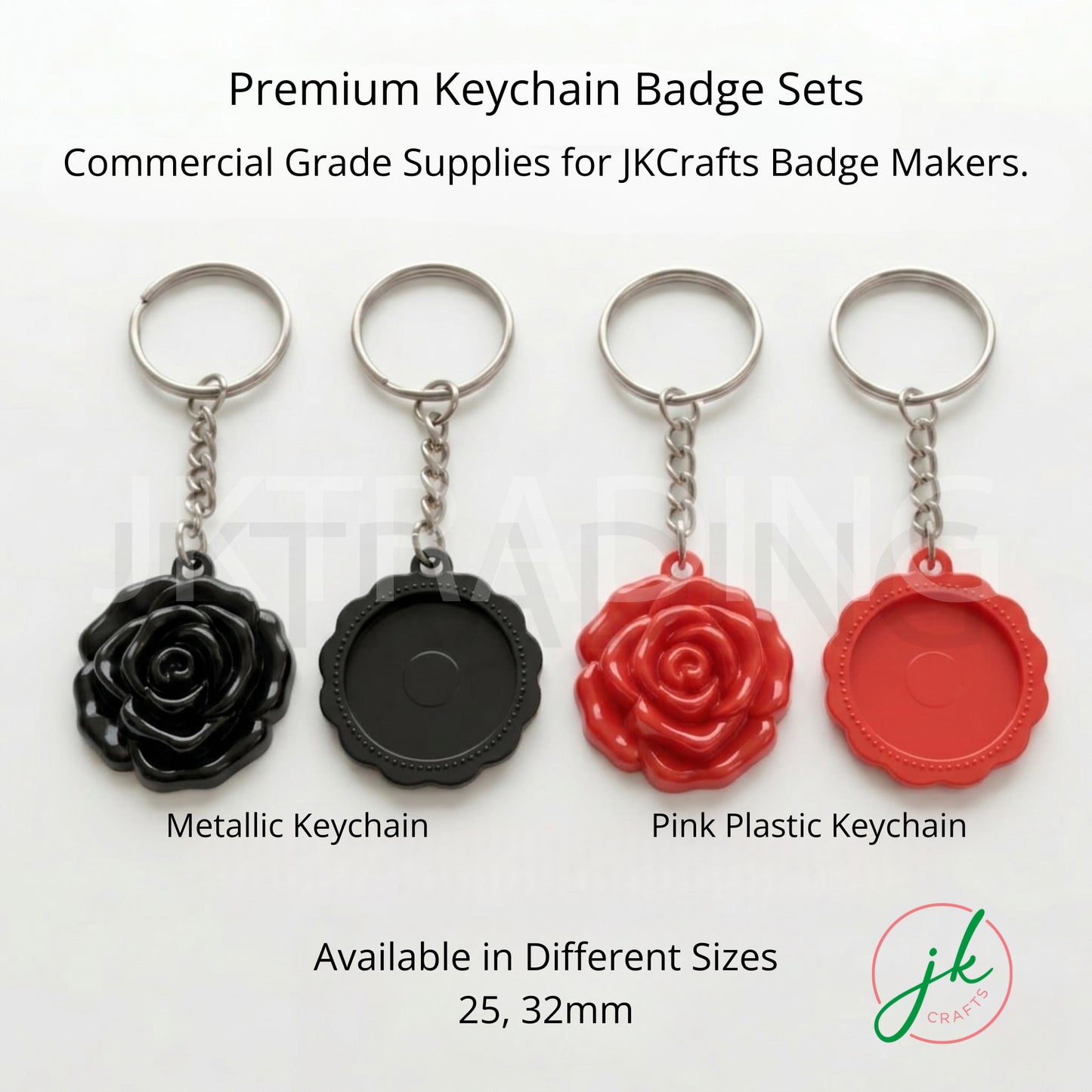 Four keychain badge sets with rose designs on a white background, labeled for JKCrafts.