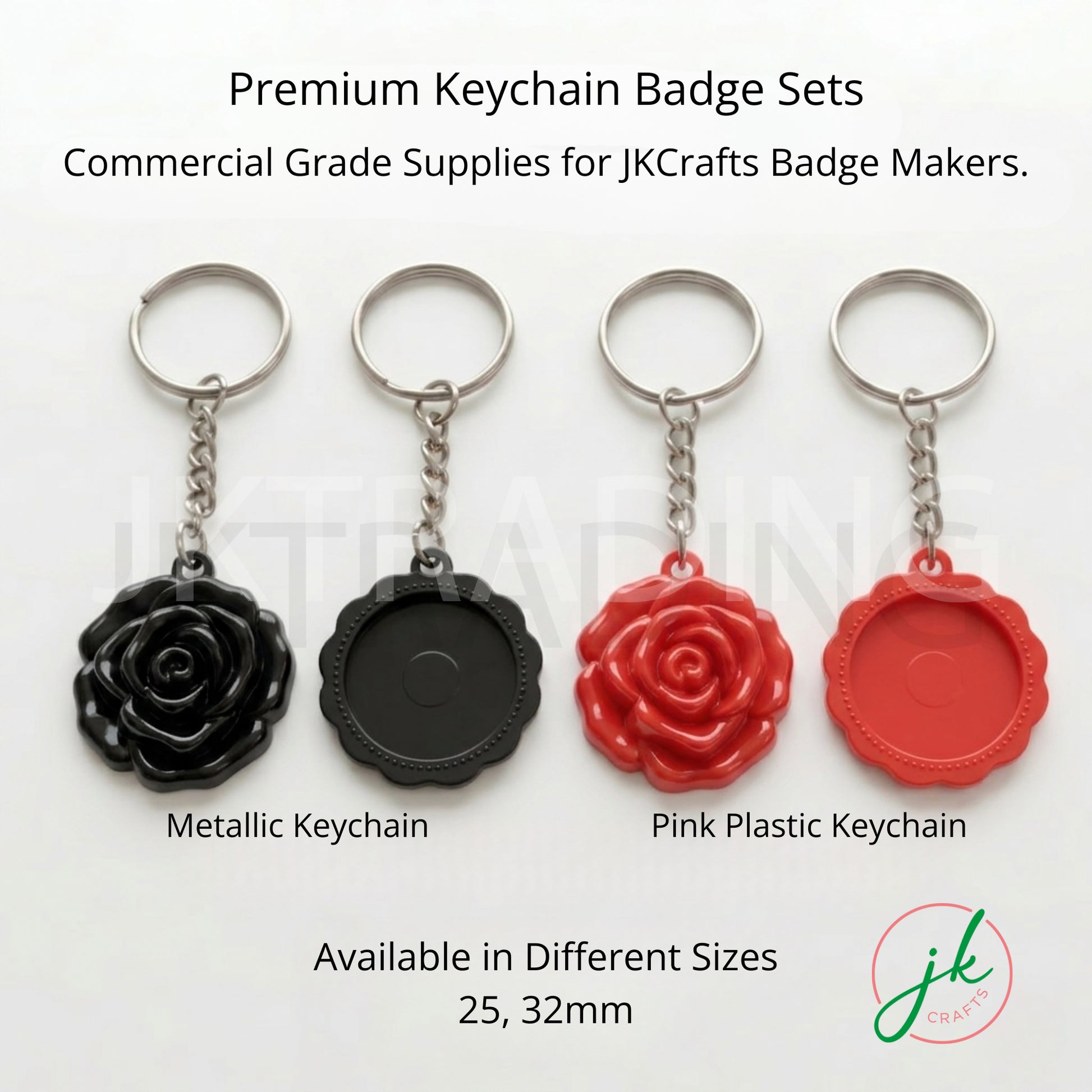 Four keychain badge sets with rose designs on a white background, labeled for JKCrafts.