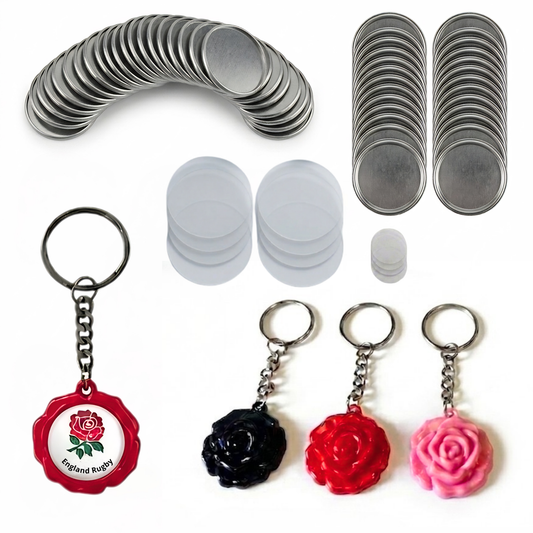 Complete DIY blank rose flower keychain button badge making kit with metal shells, backings, and split keyrings.