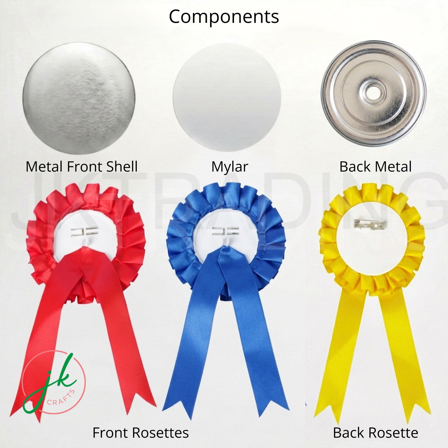 DIY Button Badge Components of rosettes including metal front shell, mylar, back metal, and front and back rosettes on a white background.