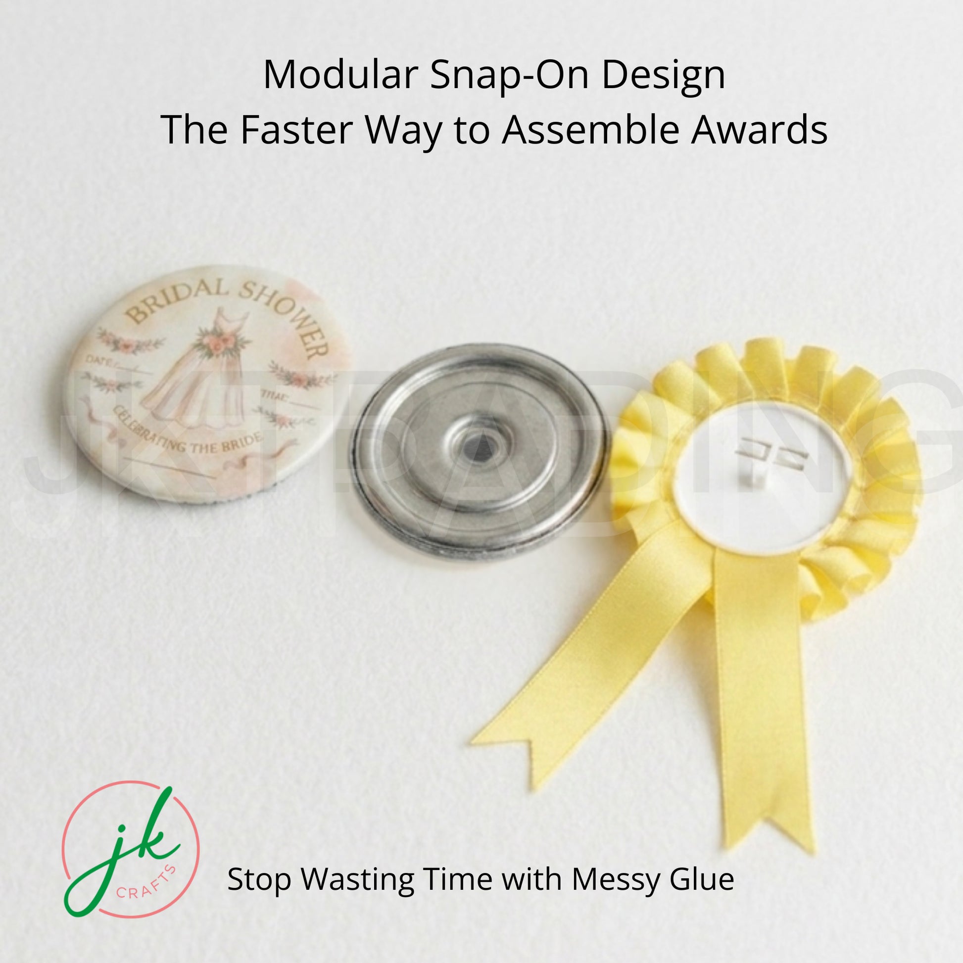 Button Badge Modular snap-on design for assembling awards with a yellow ribbon and decorative elements on a light background.