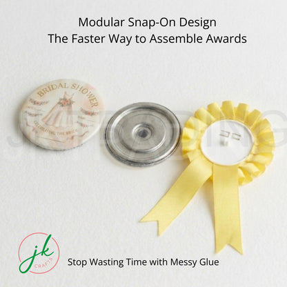 Button Badge Modular snap-on design for assembling awards with a yellow ribbon and decorative elements on a light background.