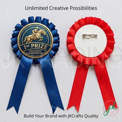 Two award ribbons, one blue and one red, with text about creative possibilities and JKCrafts quality.