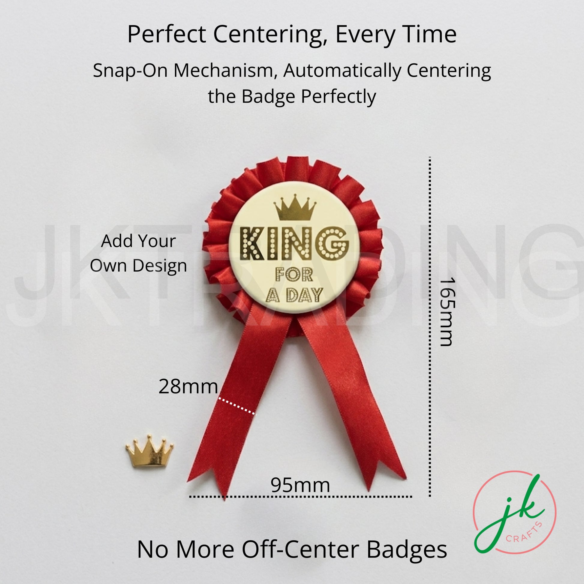 Badges with red ribbons and gold text on a light gray background, featuring measurements and branding.