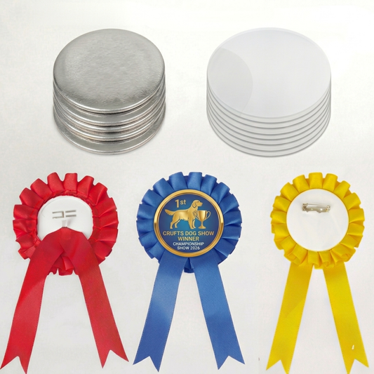 Red, blue, and yellow rosette ribbon award badges with blank metal button shells and components.