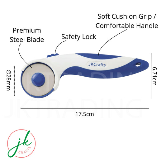 Product graphic highlighting the 17.5cm length profile of the compact 28mm mini rotary trimmer with its safety lock marked.