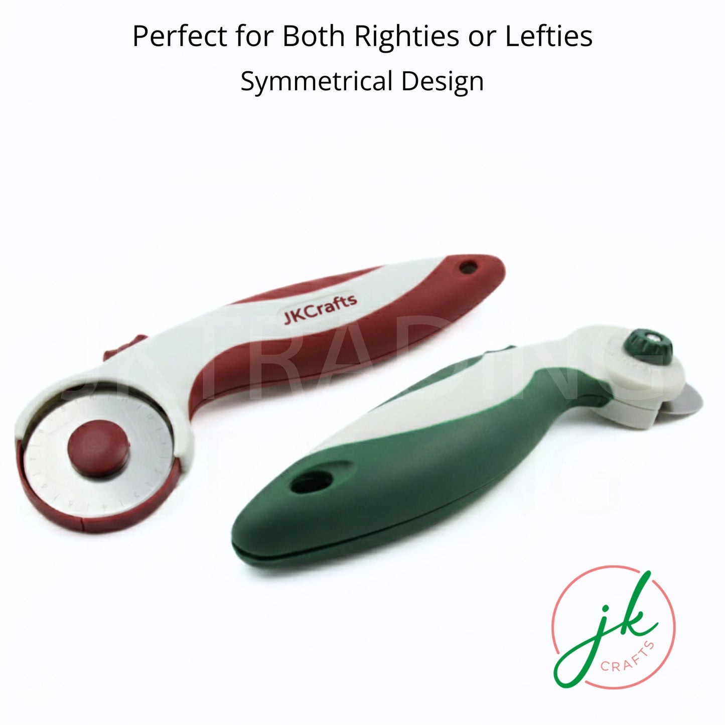 Symmetrical handle design overview showing the green and maroon rotary cutters configured for left or right-handed use.