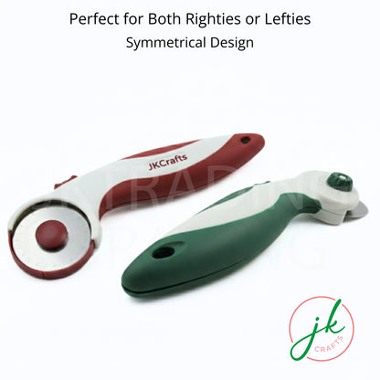 Symmetrical handle design overview showing the green and maroon rotary cutters configured for left or right-handed use.