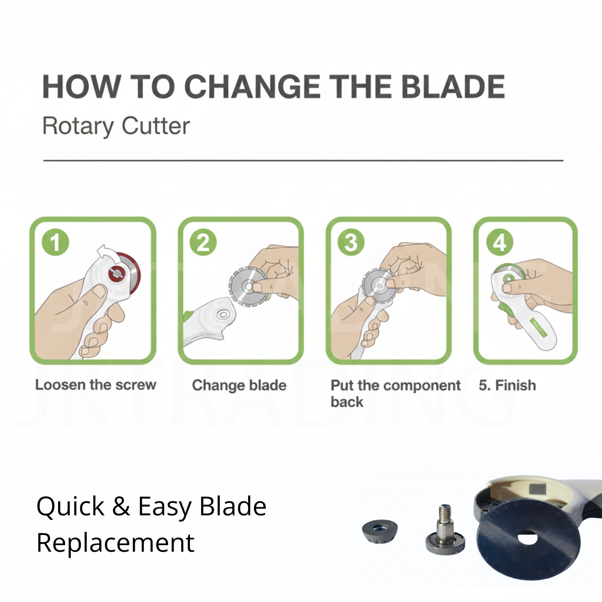 Step-by-step infographic guide detailing how to safely disassemble the nut, washer, and screw to change a rotary blade.