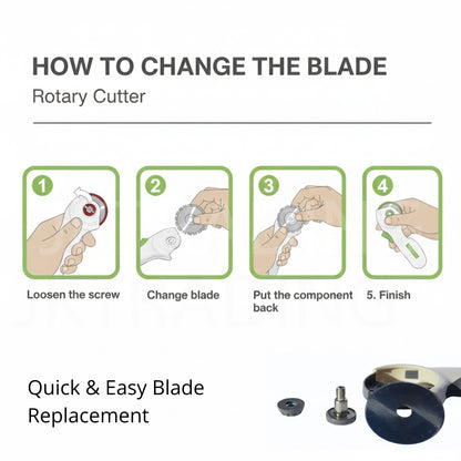 Step-by-step infographic guide detailing how to safely disassemble the nut, washer, and screw to change a rotary blade.
