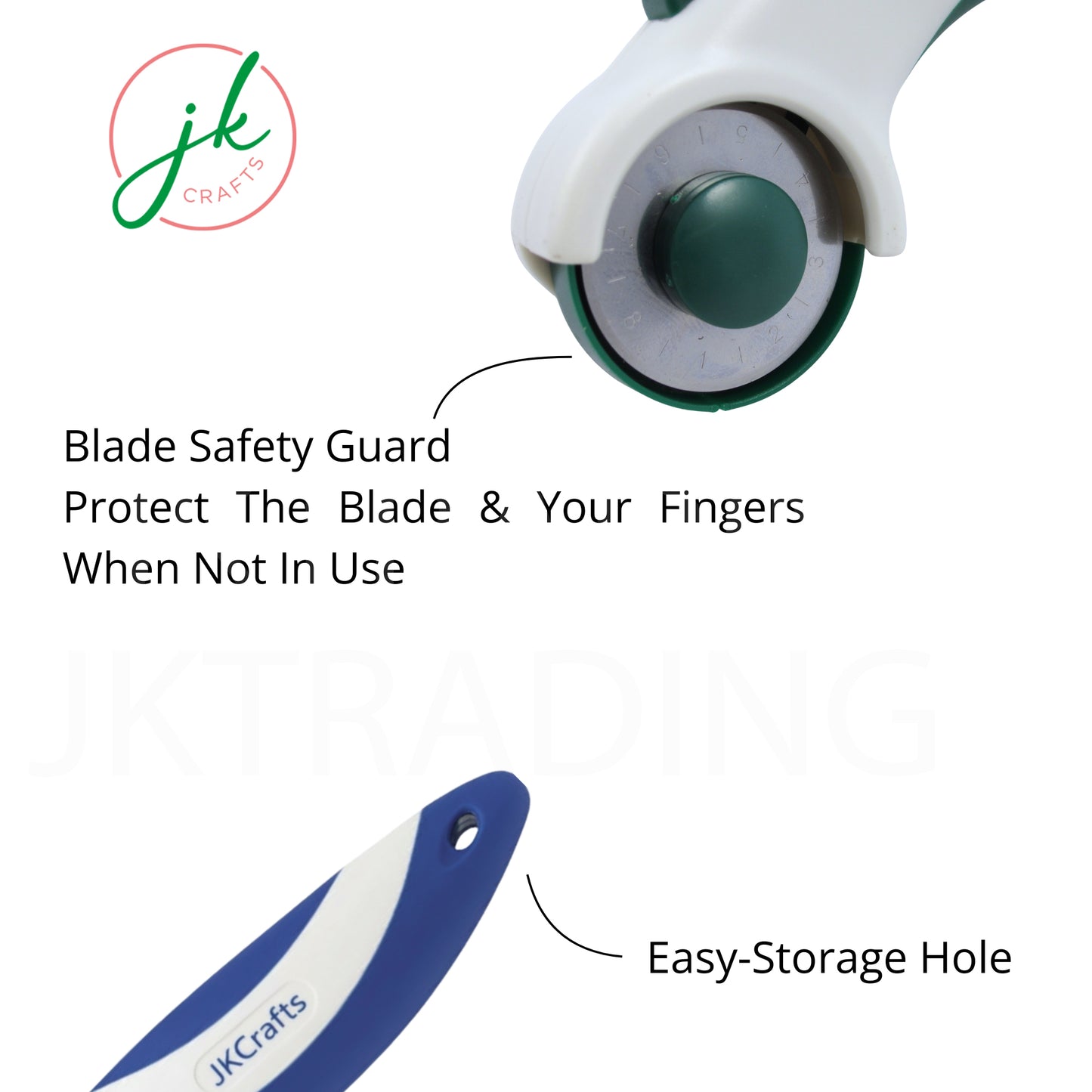 Close-up view highlighting the manual dual-action integrated blade safety guard slider and the integrated lanyard storage hole.